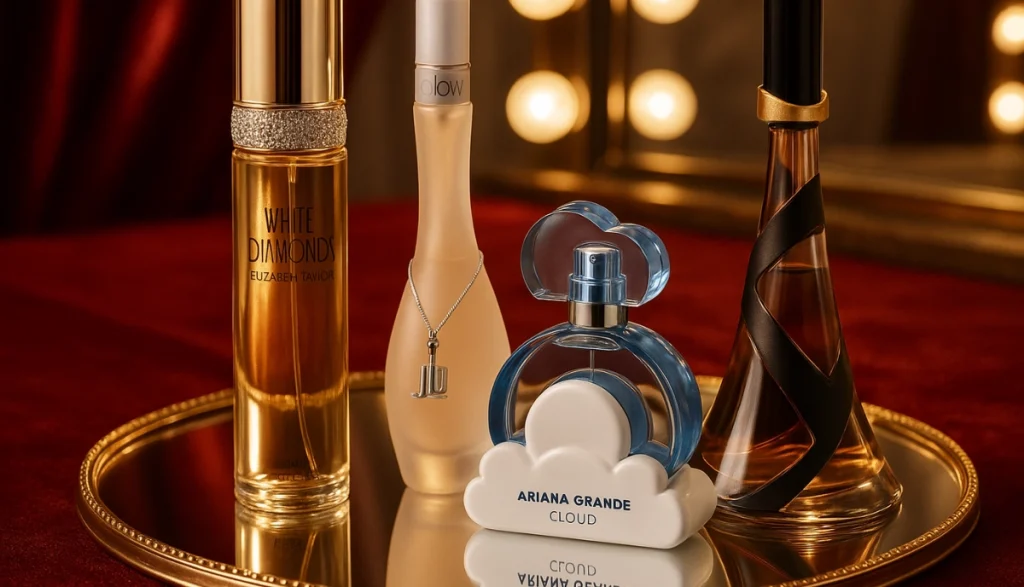 Luxury display of popular celebrity scents including White Diamonds, Glow by J.Lo, and Ariana Grande Cloud with Hollywood-inspired backdrop”