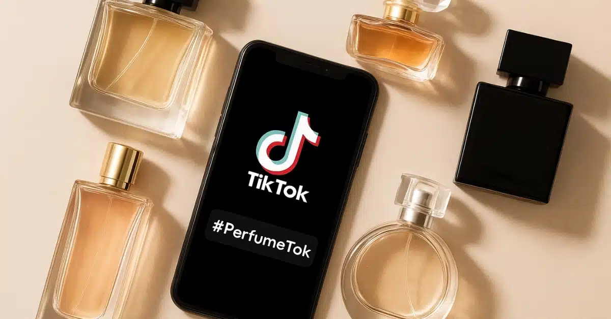 Trending PerfumeTok fragrances arranged around a smartphone displaying the viral #PerfumeTok hashtag on TikTok